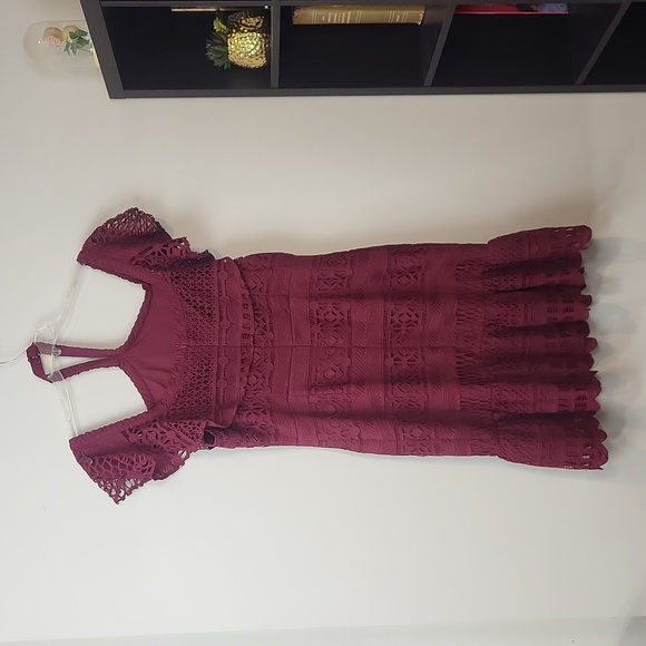 TRISH SCULLY Burgundy Aurora Off the Shoulder Choker Lace Midi Dress - Plus Size - Picture 7 of 16